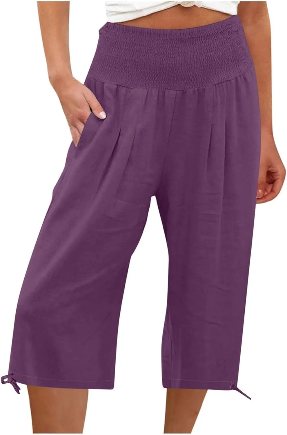 Women's Linen Palazzo Capris Loose 2025 Wide Leg Elastic High Waisted Straight Leg Pant Pocketed Flared Trousers