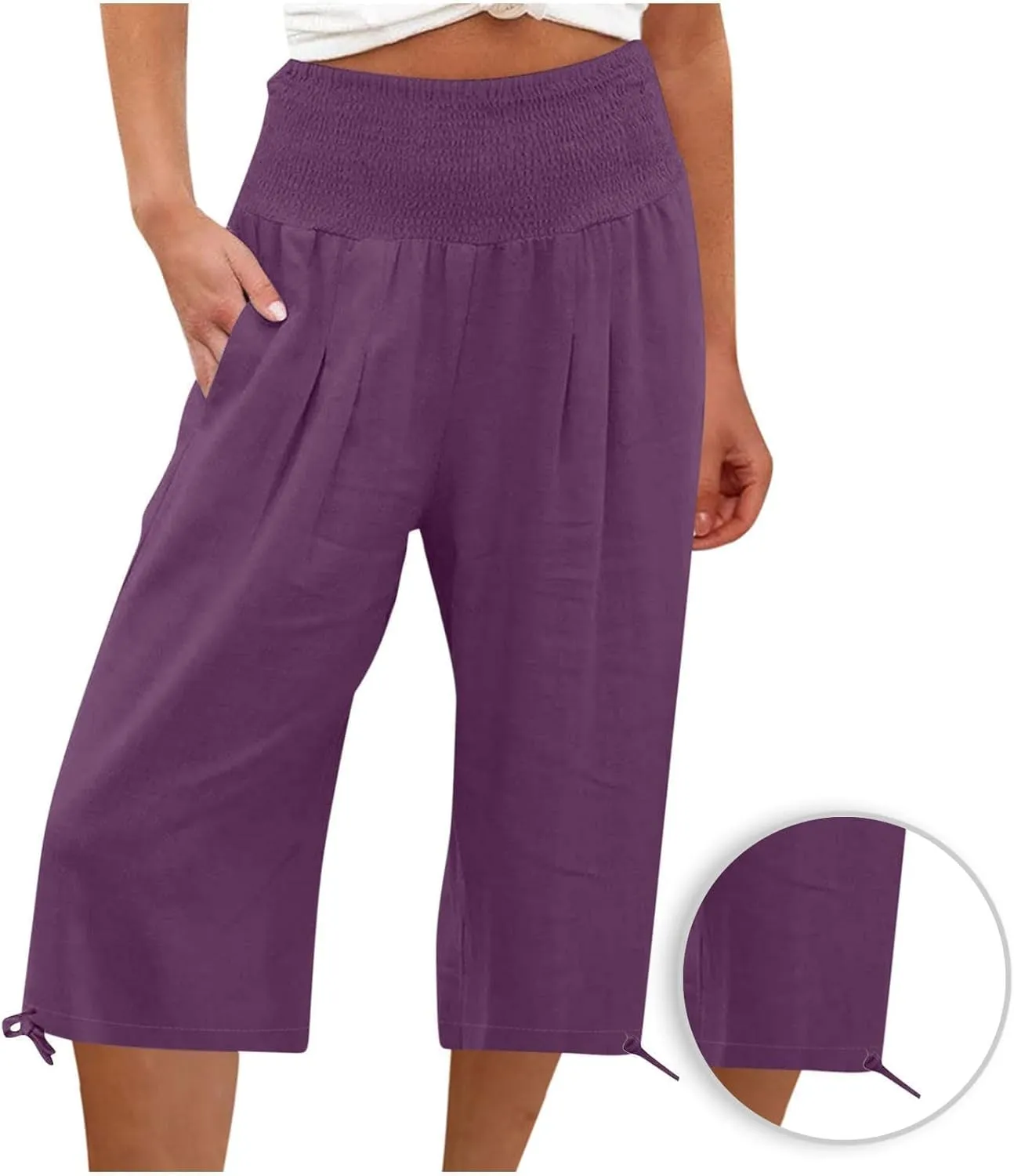 Women's Linen Palazzo Capris Loose 2025 Wide Leg Elastic High Waisted Straight Leg Pant Pocketed Flared Trousers
