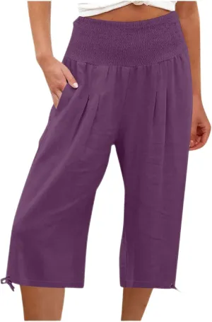 Women's Linen Palazzo Capris Loose 2025 Wide Leg Elastic High Waisted Straight Leg Pant Pocketed Flared Trousers