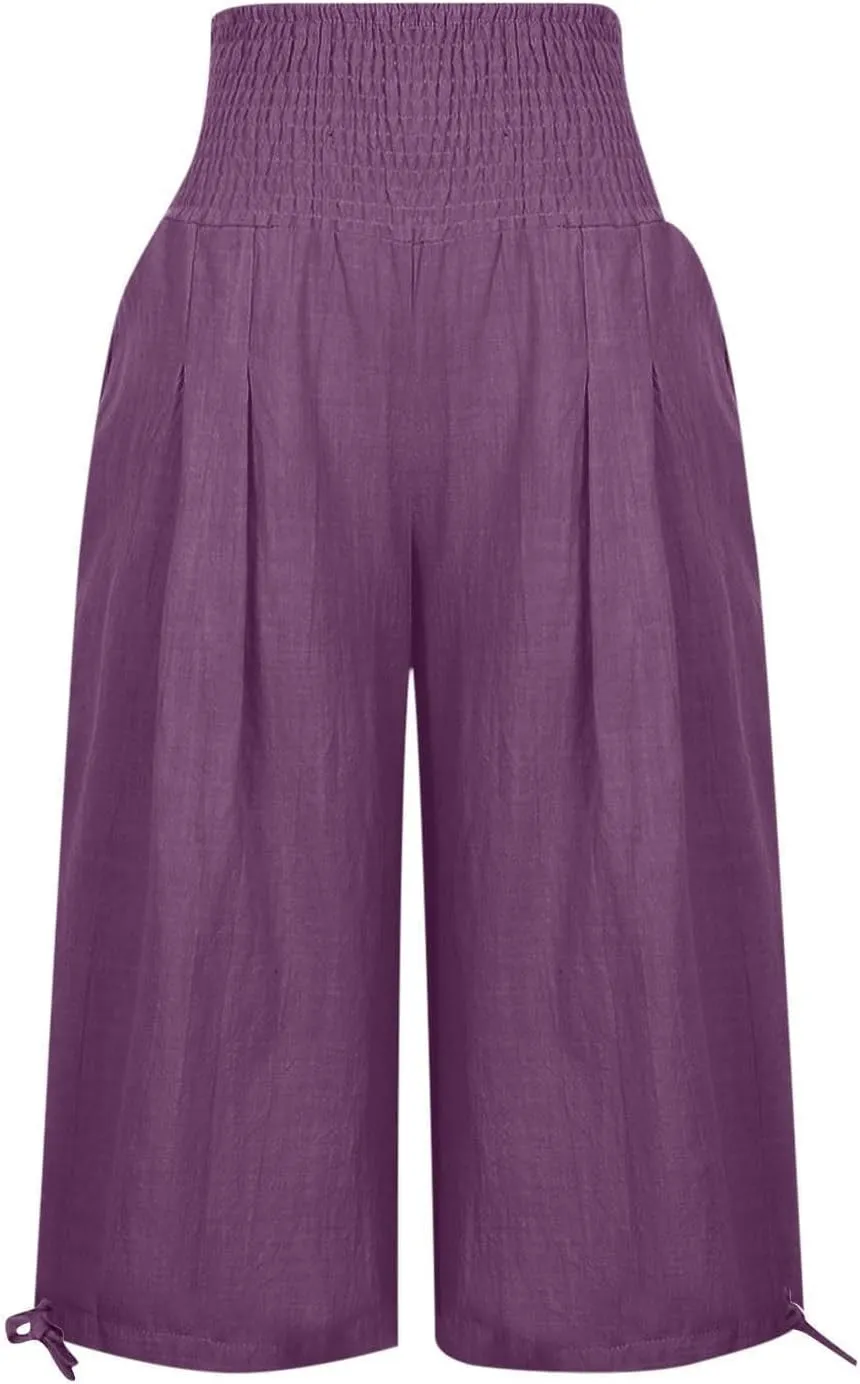 Women's Linen Palazzo Capris Loose 2025 Wide Leg Elastic High Waisted Straight Leg Pant Pocketed Flared Trousers