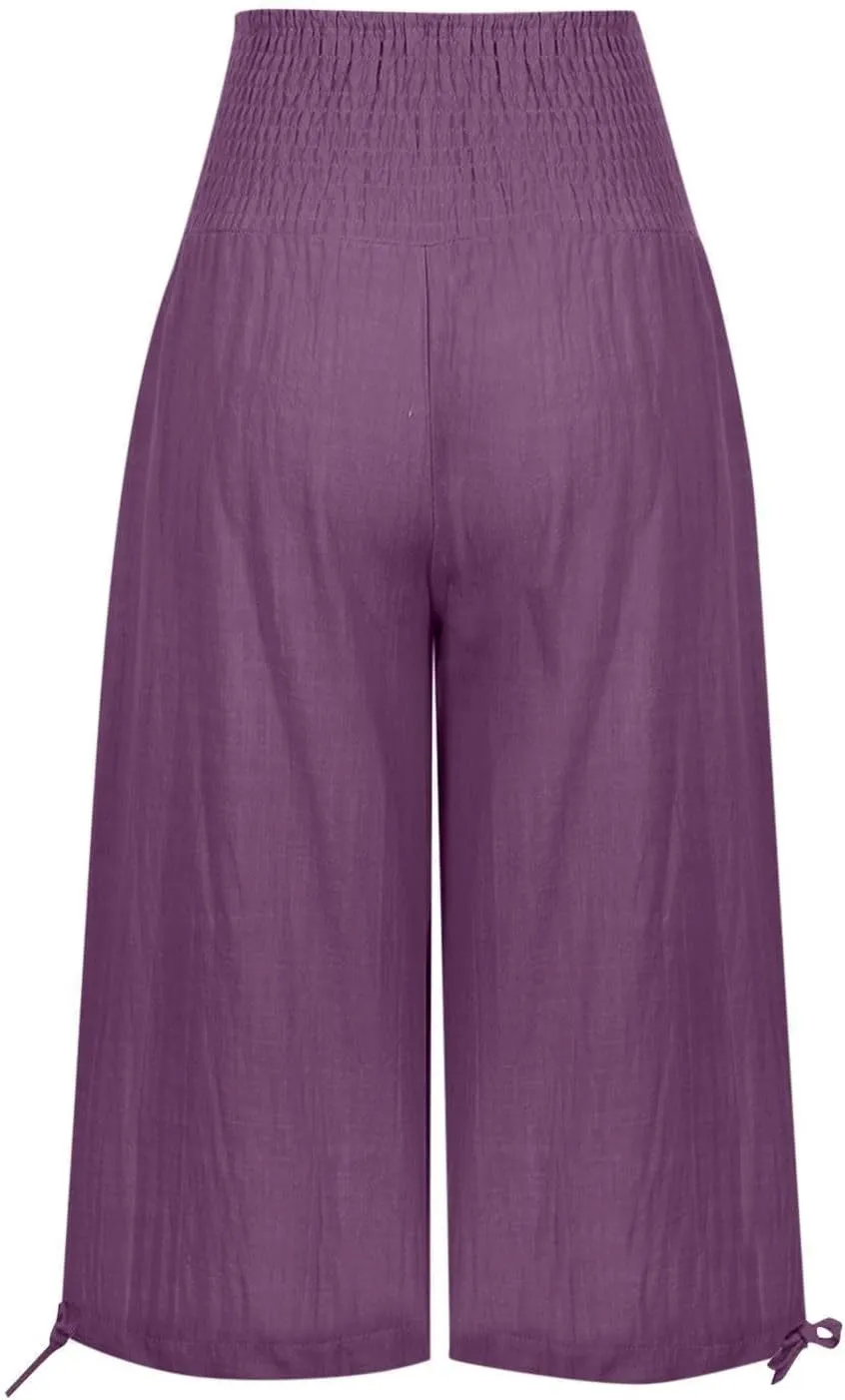 Women's Linen Palazzo Capris Loose 2025 Wide Leg Elastic High Waisted Straight Leg Pant Pocketed Flared Trousers