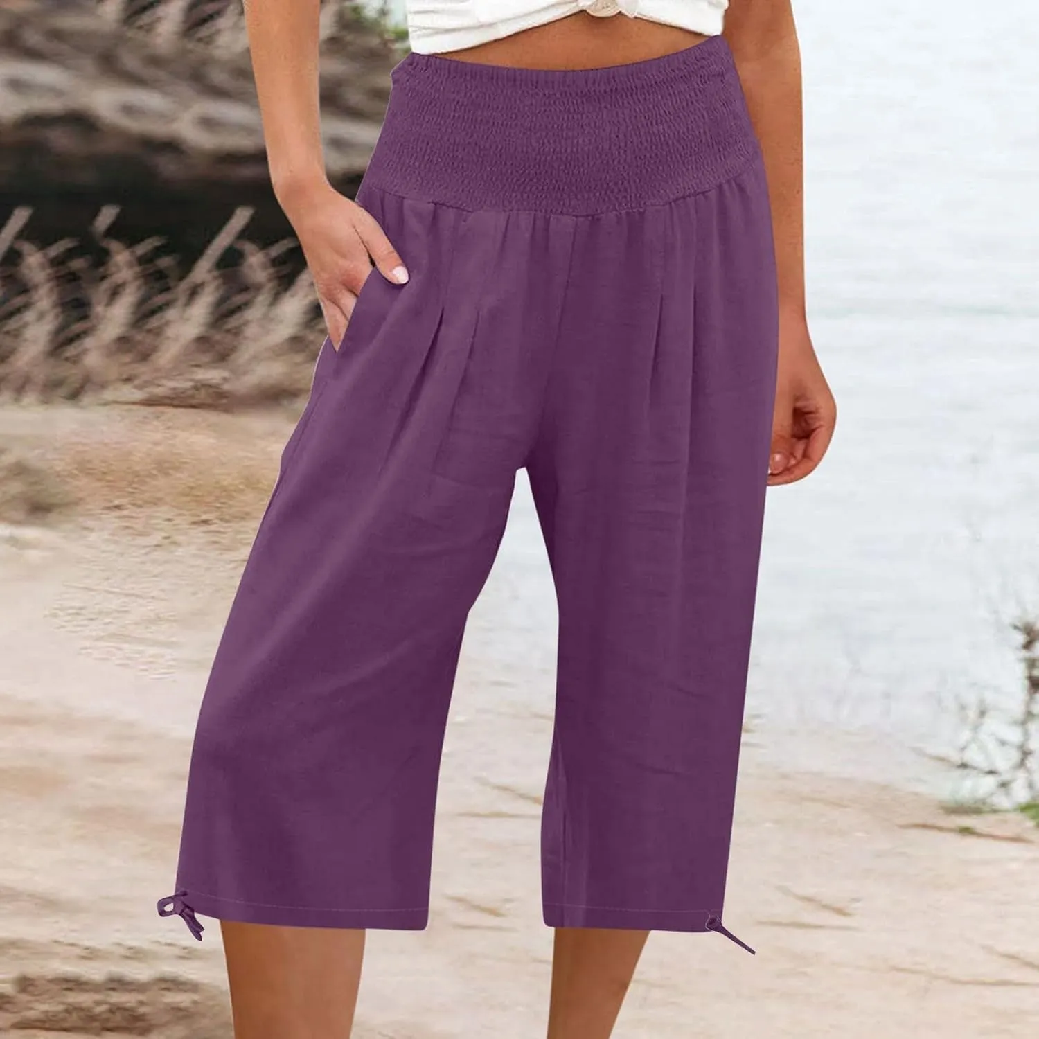 Women's Linen Palazzo Capris Loose 2025 Wide Leg Elastic High Waisted Straight Leg Pant Pocketed Flared Trousers