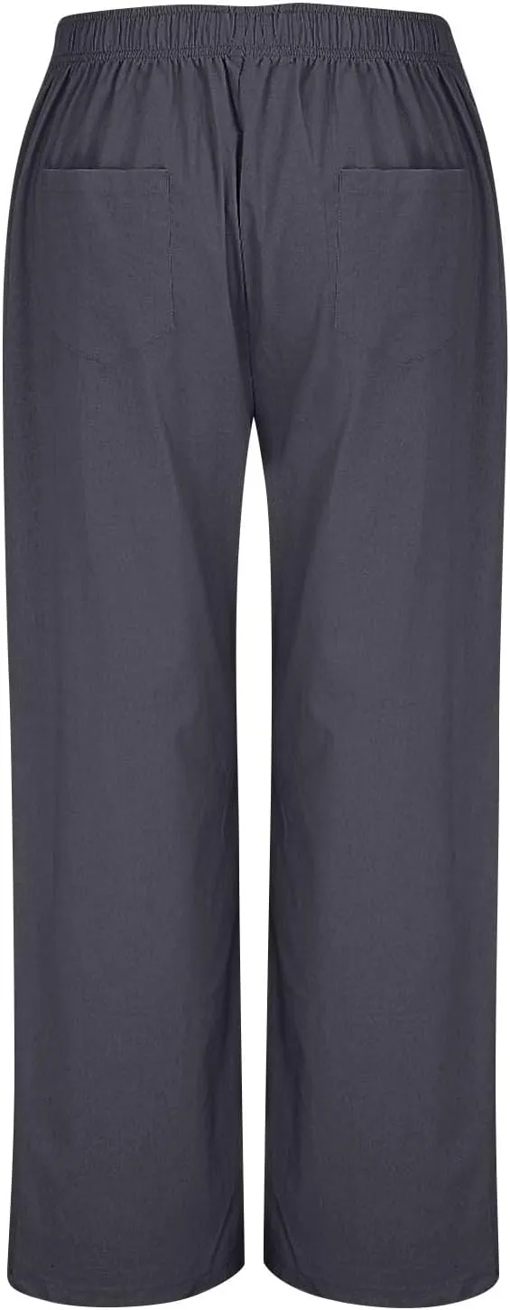 Womens Linen Pants Summer Wide Leg Palazzo High Waist Lightweight Beach Casual Vacation Pant