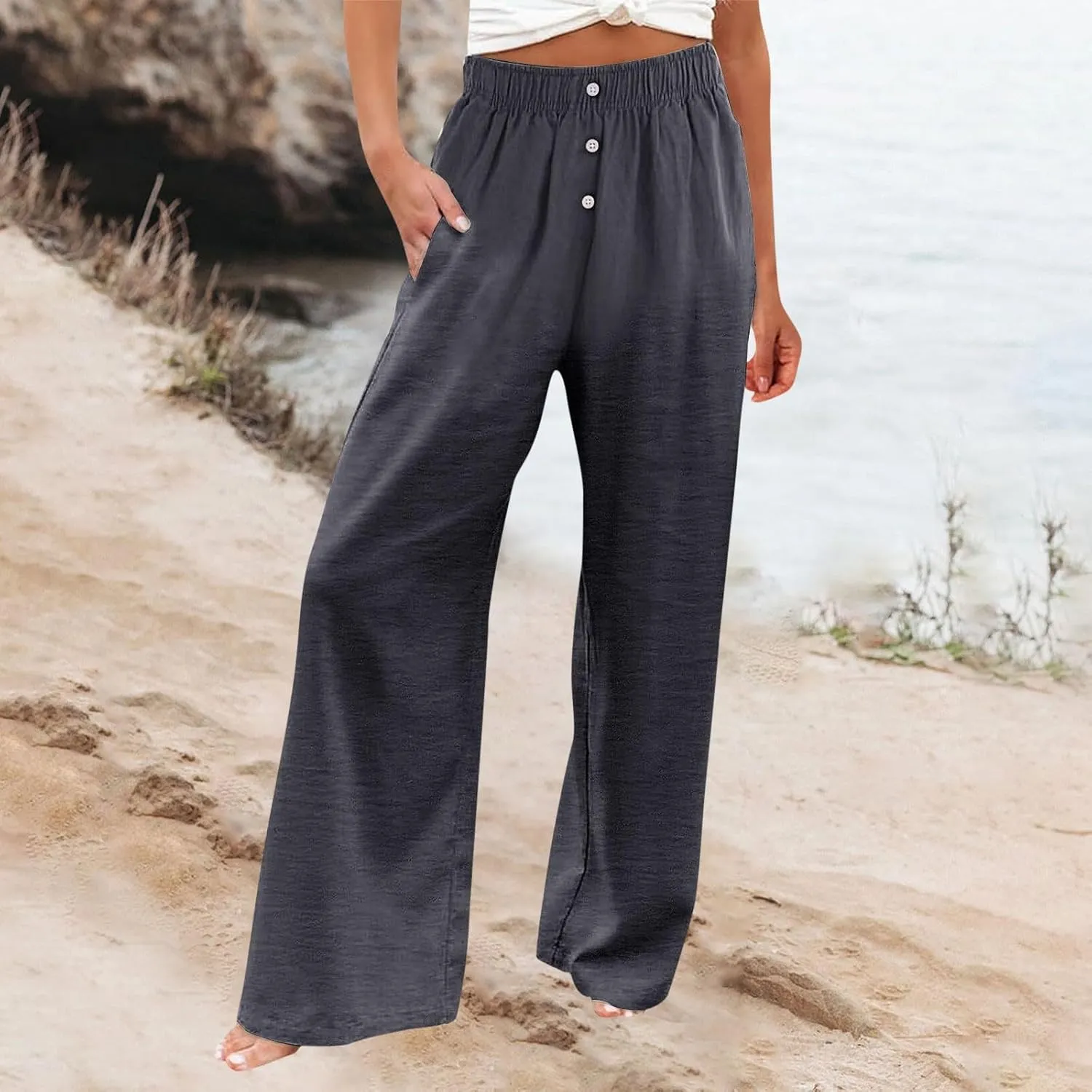 Womens Linen Pants Summer Wide Leg Palazzo High Waist Lightweight Beach Casual Vacation Pant