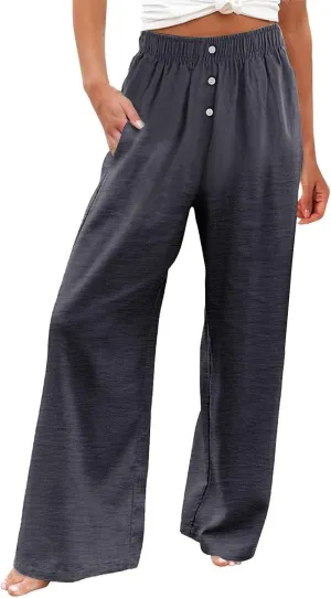 Womens Linen Pants Summer Wide Leg Palazzo High Waist Lightweight Beach Casual Vacation Pant
