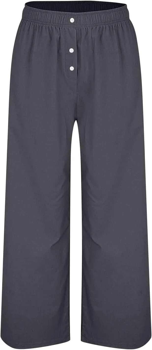 Womens Linen Pants Summer Wide Leg Palazzo High Waist Lightweight Beach Casual Vacation Pant