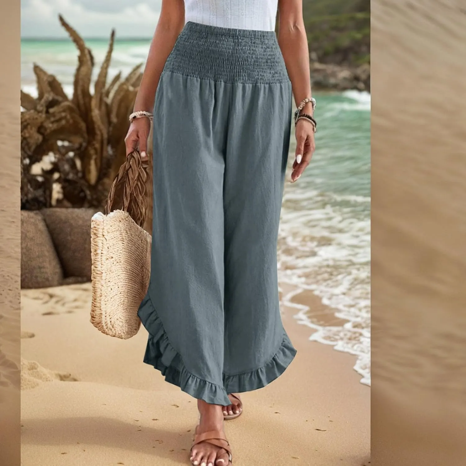 Womens Linen Pants Summer Wide Leg Smocked Waist Ruffle Hem Palazzo Pants Boho Flowy Beach Casual Trousers with Pockets