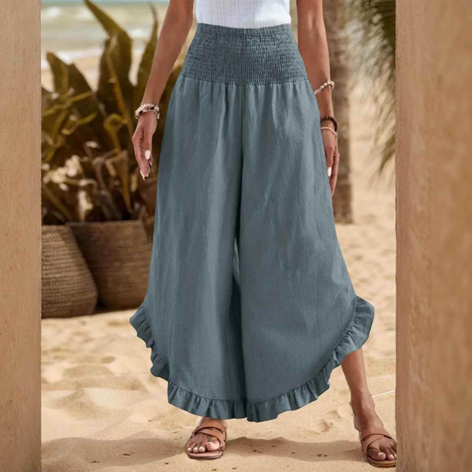 Womens Linen Pants Summer Wide Leg Smocked Waist Ruffle Hem Palazzo Pants Boho Flowy Beach Casual Trousers with Pockets