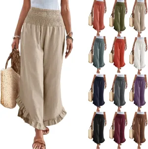 Womens Linen Pants Summer Wide Leg Smocked Waist Ruffle Hem Palazzo Pants Boho Flowy Beach Casual Trousers with Pockets