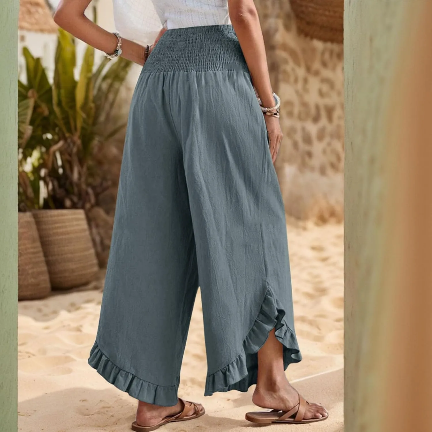 Womens Linen Pants Summer Wide Leg Smocked Waist Ruffle Hem Palazzo Pants Boho Flowy Beach Casual Trousers with Pockets