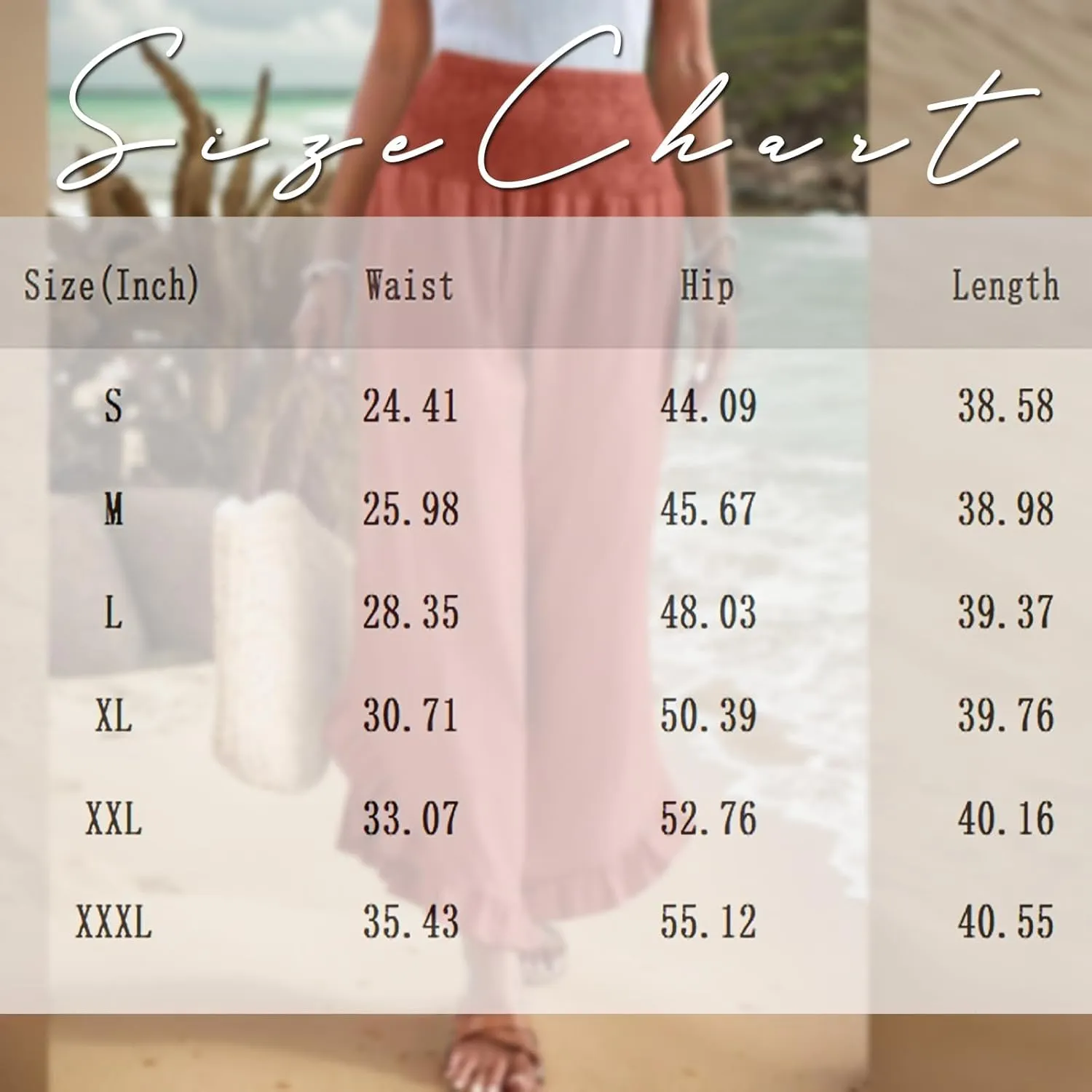 Womens Linen Pants Summer Wide Leg Smocked Waist Ruffle Hem Palazzo Pants Boho Flowy Beach Casual Trousers with Pockets