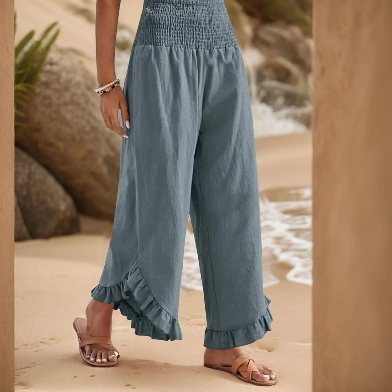 Womens Linen Pants Summer Wide Leg Smocked Waist Ruffle Hem Palazzo Pants Boho Flowy Beach Casual Trousers with Pockets