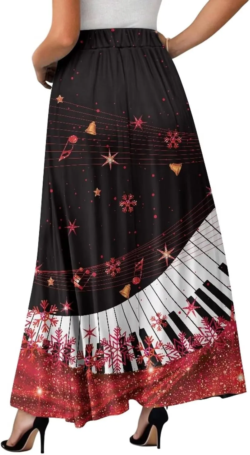 Women's Long Skirts Elastic High Waist A line Maxi Skirt with Pockets Summer Bohemian Printed Skirt Size S-2XL