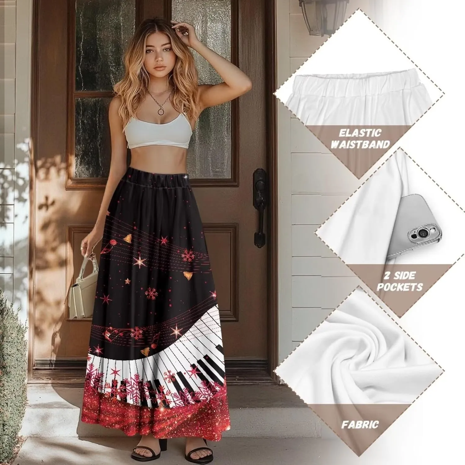 Women's Long Skirts Elastic High Waist A line Maxi Skirt with Pockets Summer Bohemian Printed Skirt Size S-2XL