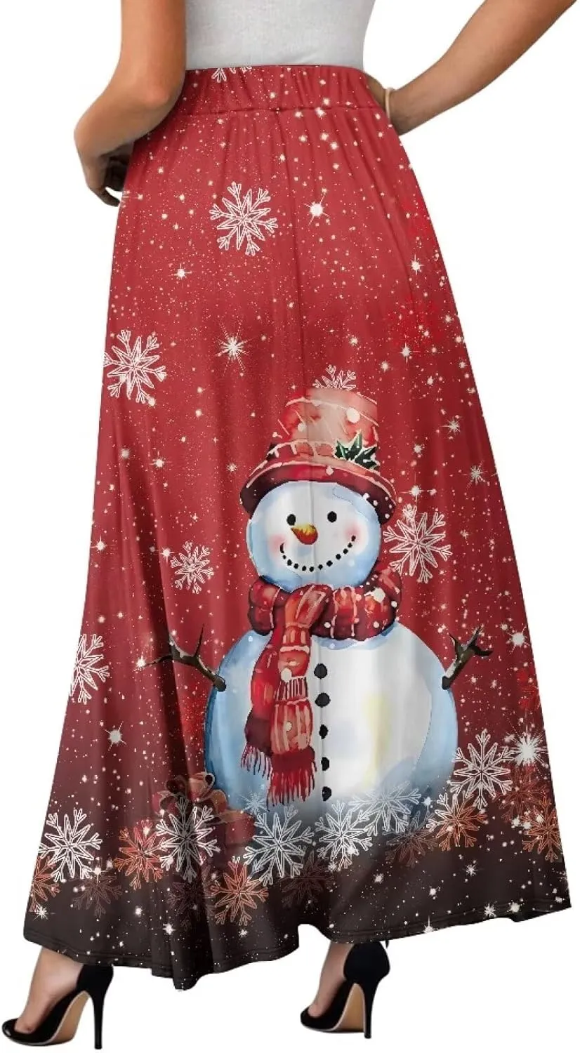 Women's Long Skirts Elastic High Waist A line Maxi Skirt with Pockets Summer Bohemian Printed Skirt Size S-2XL