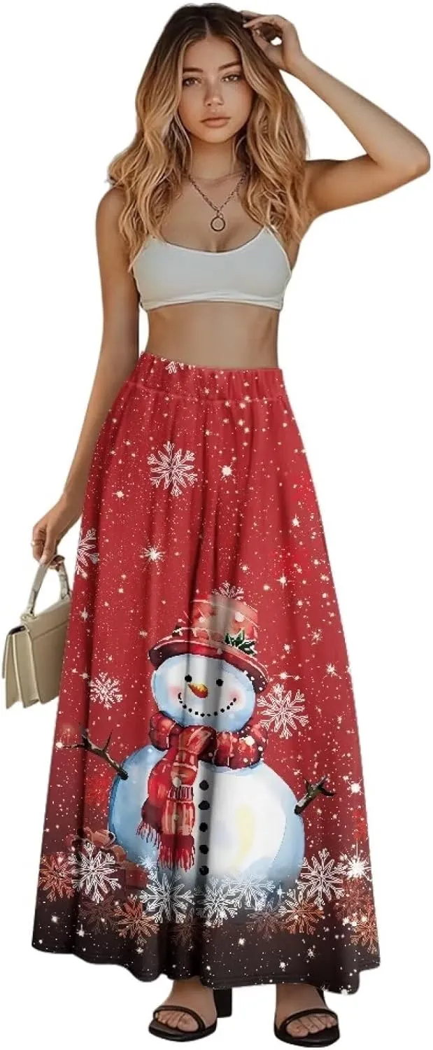Women's Long Skirts Elastic High Waist A line Maxi Skirt with Pockets Summer Bohemian Printed Skirt Size S-2XL