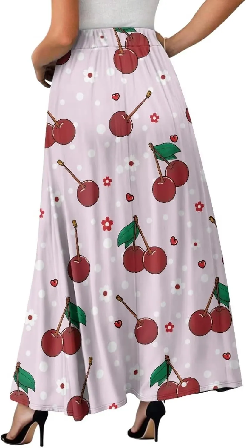 Women's Long Skirts Elastic High Waist A line Maxi Skirt with Pockets Summer Bohemian Printed Skirt Size S-2XL