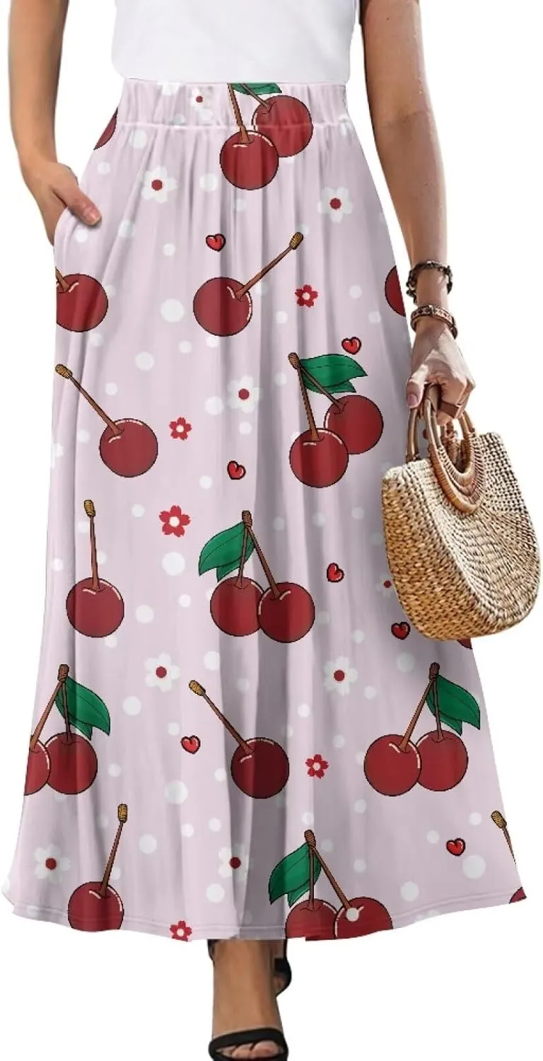 Women's Long Skirts Elastic High Waist A line Maxi Skirt with Pockets Summer Bohemian Printed Skirt Size S-2XL