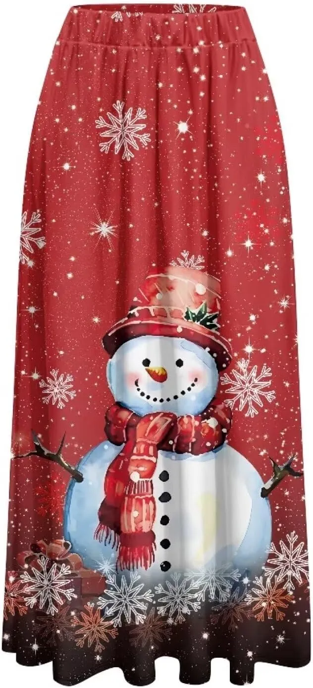 Women's Long Skirts Elastic High Waist A line Maxi Skirt with Pockets Summer Bohemian Printed Skirt Size S-2XL