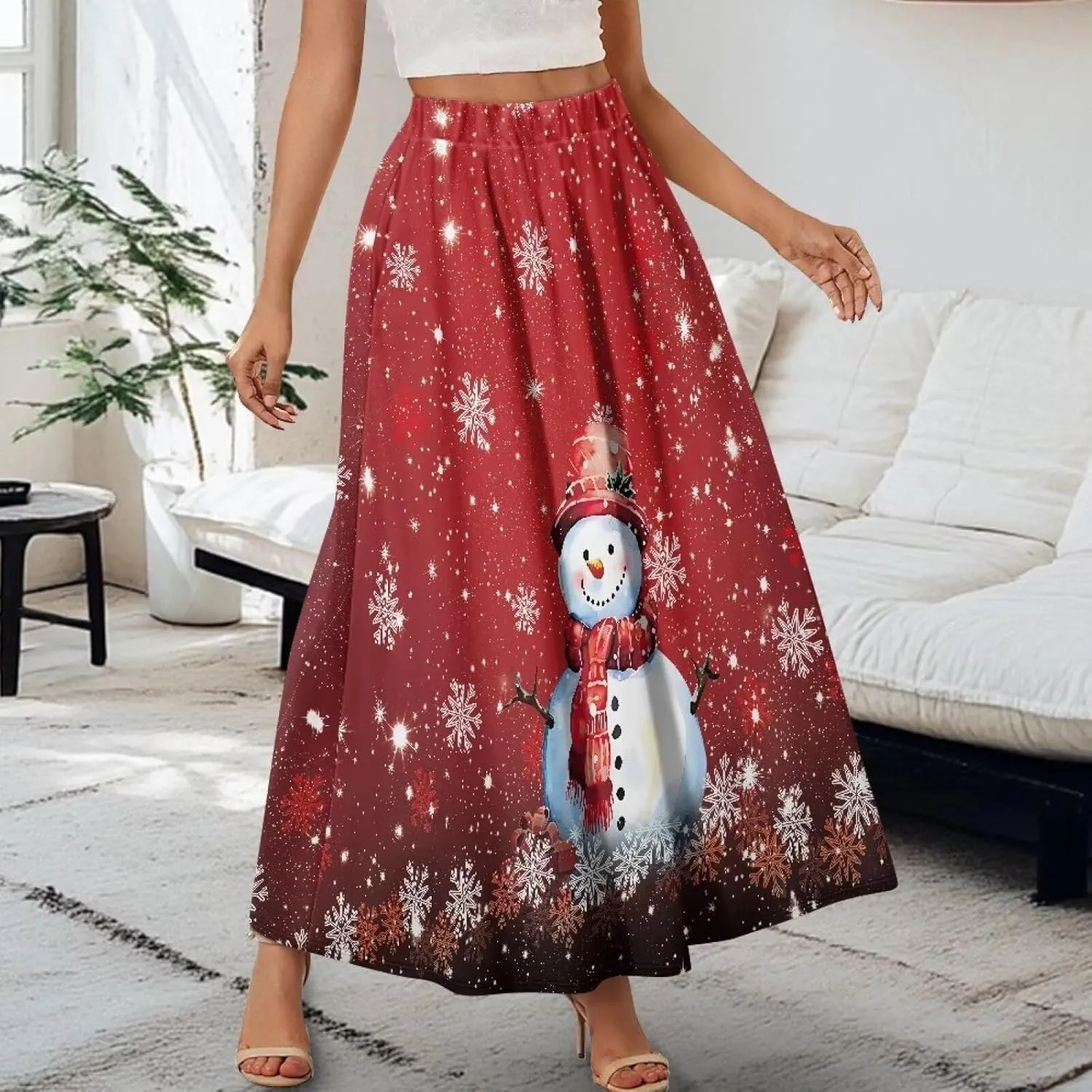 Women's Long Skirts Elastic High Waist A line Maxi Skirt with Pockets Summer Bohemian Printed Skirt Size S-2XL