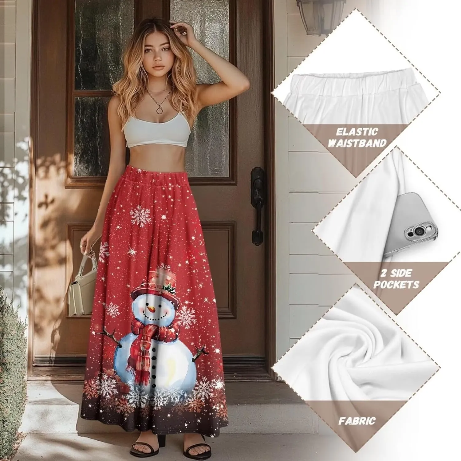 Women's Long Skirts Elastic High Waist A line Maxi Skirt with Pockets Summer Bohemian Printed Skirt Size S-2XL
