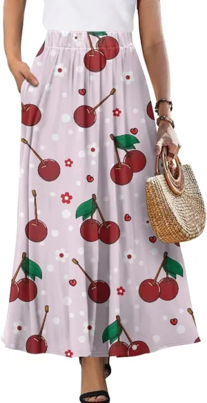 Women's Long Skirts Elastic High Waist A line Maxi Skirt with Pockets Summer Bohemian Printed Skirt Size S-2XL