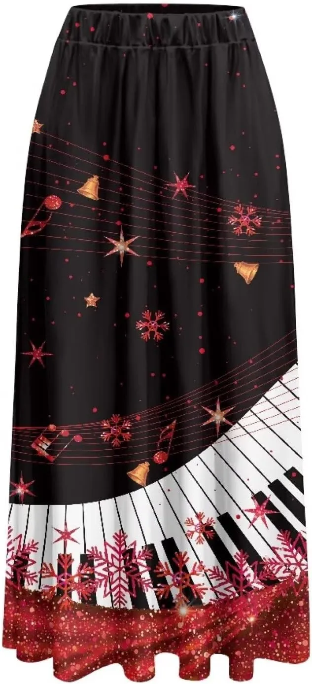 Women's Long Skirts Elastic High Waist A line Maxi Skirt with Pockets Summer Bohemian Printed Skirt Size S-2XL