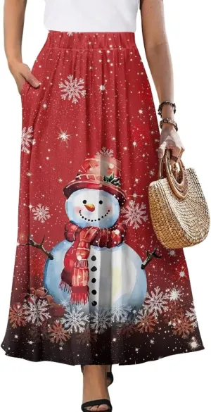 Women's Long Skirts Elastic High Waist A line Maxi Skirt with Pockets Summer Bohemian Printed Skirt Size S-2XL
