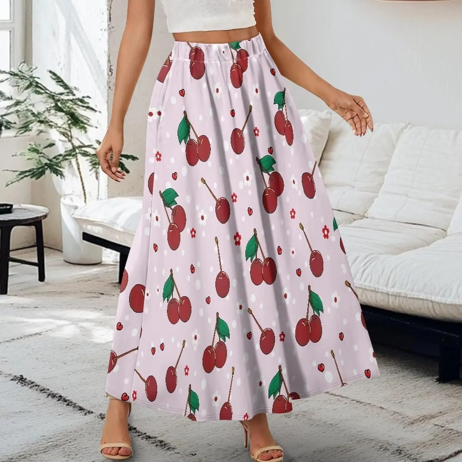 Women's Long Skirts Elastic High Waist A line Maxi Skirt with Pockets Summer Bohemian Printed Skirt Size S-2XL