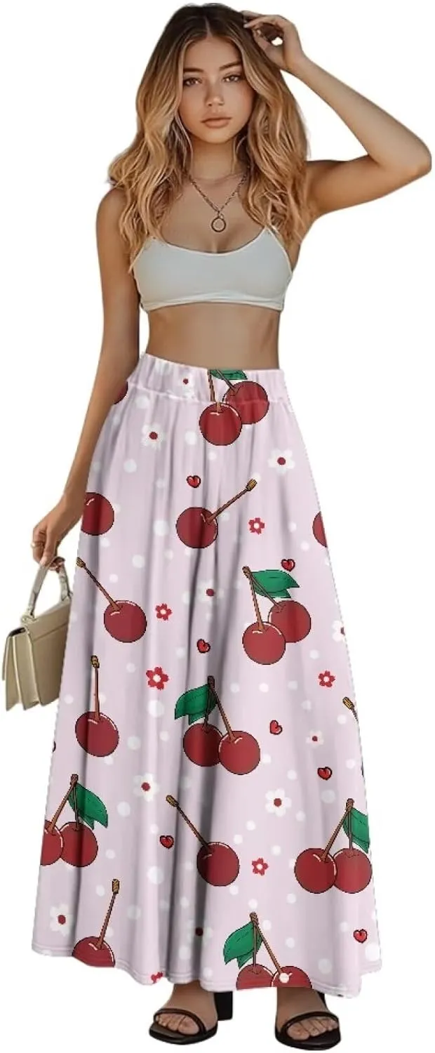 Women's Long Skirts Elastic High Waist A line Maxi Skirt with Pockets Summer Bohemian Printed Skirt Size S-2XL
