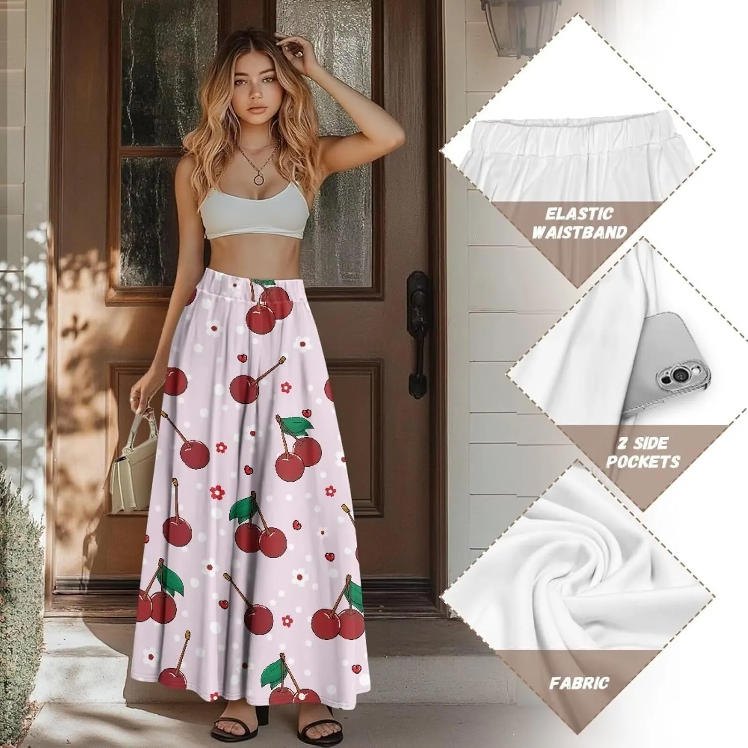 Women's Long Skirts Elastic High Waist A line Maxi Skirt with Pockets Summer Bohemian Printed Skirt Size S-2XL