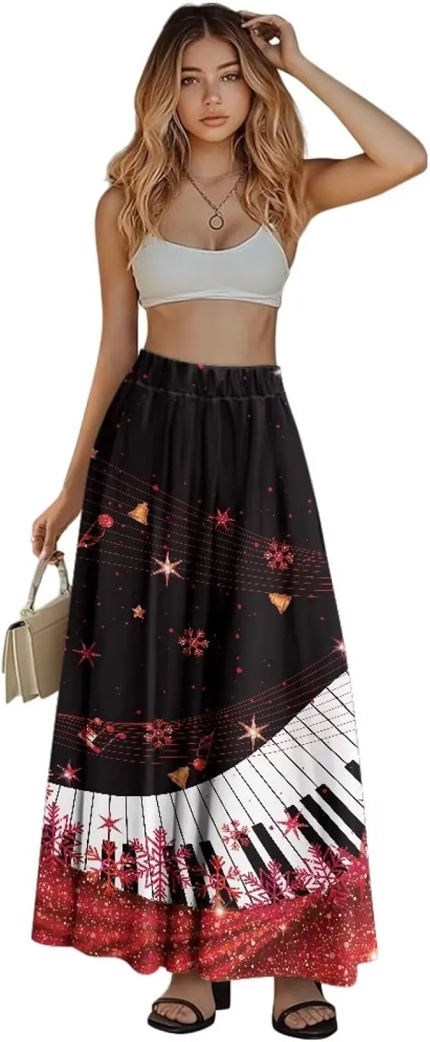 Women's Long Skirts Elastic High Waist A line Maxi Skirt with Pockets Summer Bohemian Printed Skirt Size S-2XL