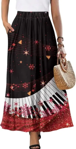 Women's Long Skirts Elastic High Waist A line Maxi Skirt with Pockets Summer Bohemian Printed Skirt Size S-2XL