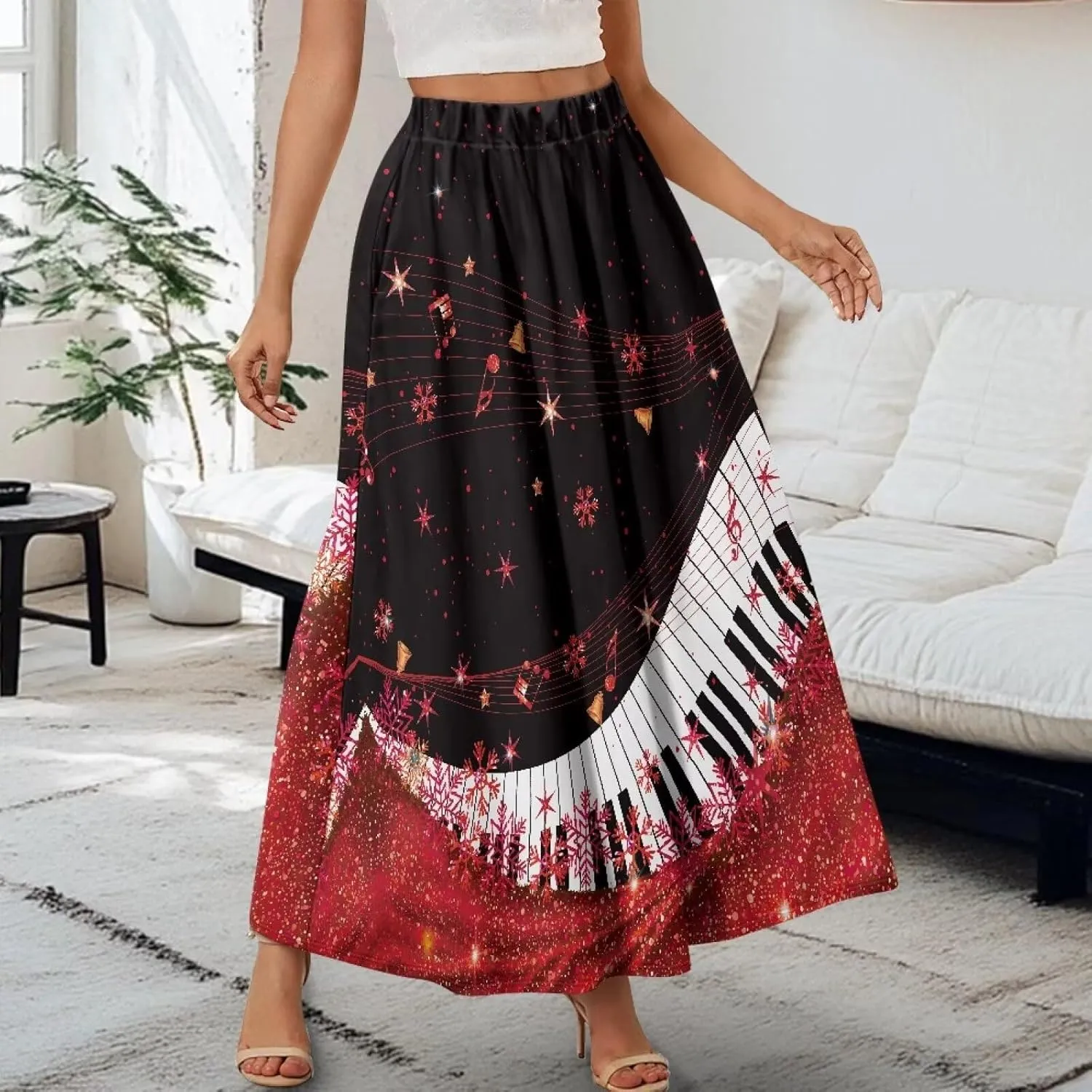Women's Long Skirts Elastic High Waist A line Maxi Skirt with Pockets Summer Bohemian Printed Skirt Size S-2XL