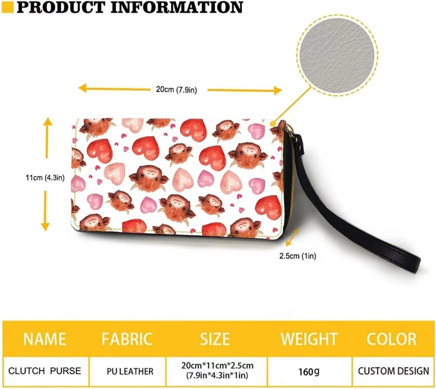 Women's Long Wallet with Wristlet Fashionable Large Capacity Credit Card Holder Ladies Zip Around Clutch Purse for Shopping,BusinessPhone Wristlet Purse,Cute Highland Cow Pink Heart Print