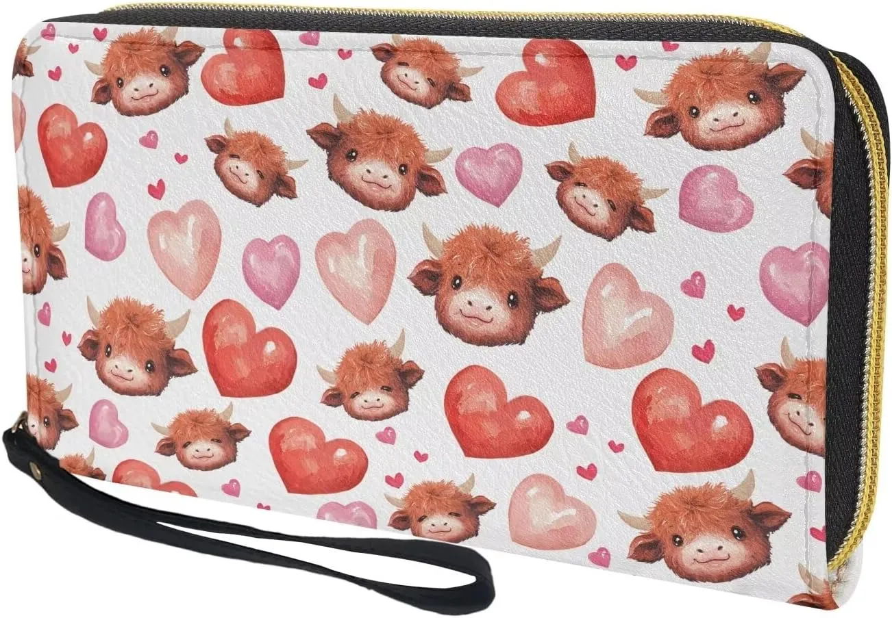 Women's Long Wallet with Wristlet Fashionable Large Capacity Credit Card Holder Ladies Zip Around Clutch Purse for Shopping,BusinessPhone Wristlet Purse,Cute Highland Cow Pink Heart Print