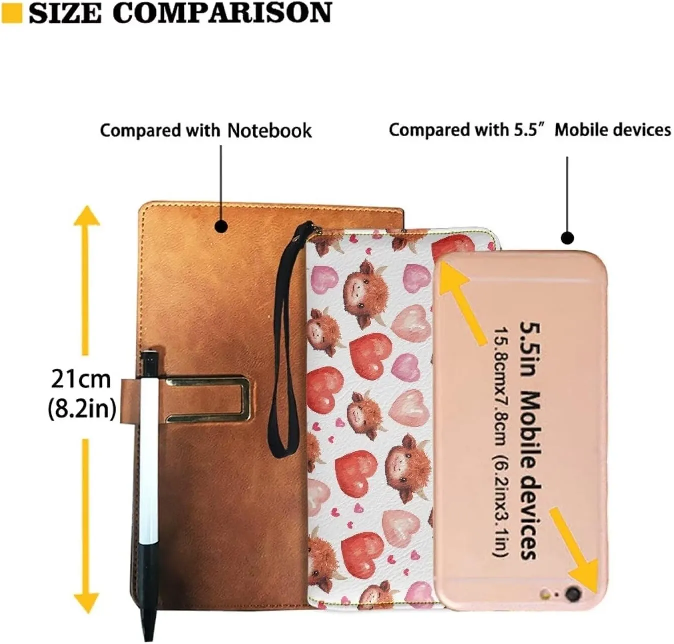 Women's Long Wallet with Wristlet Fashionable Large Capacity Credit Card Holder Ladies Zip Around Clutch Purse for Shopping,BusinessPhone Wristlet Purse,Cute Highland Cow Pink Heart Print