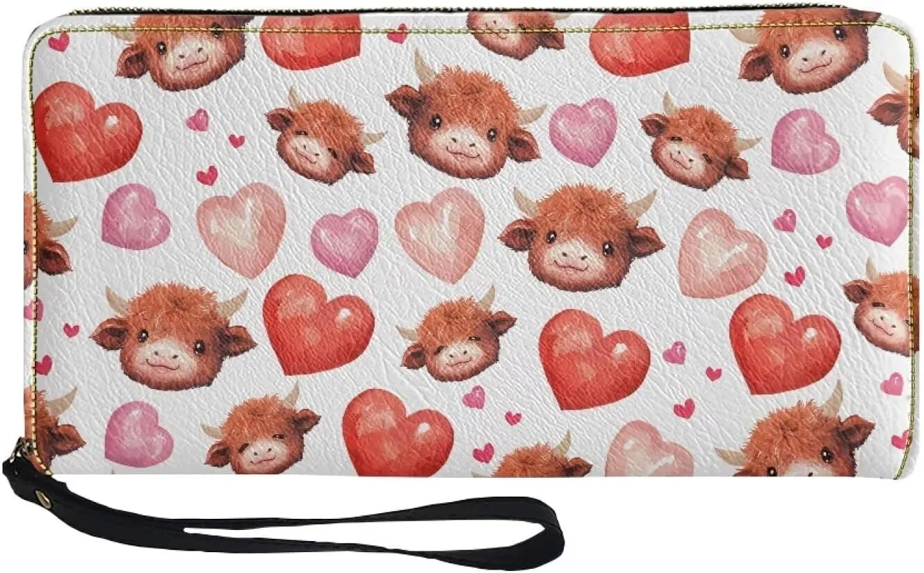 Women's Long Wallet with Wristlet Fashionable Large Capacity Credit Card Holder Ladies Zip Around Clutch Purse for Shopping,BusinessPhone Wristlet Purse,Cute Highland Cow Pink Heart Print