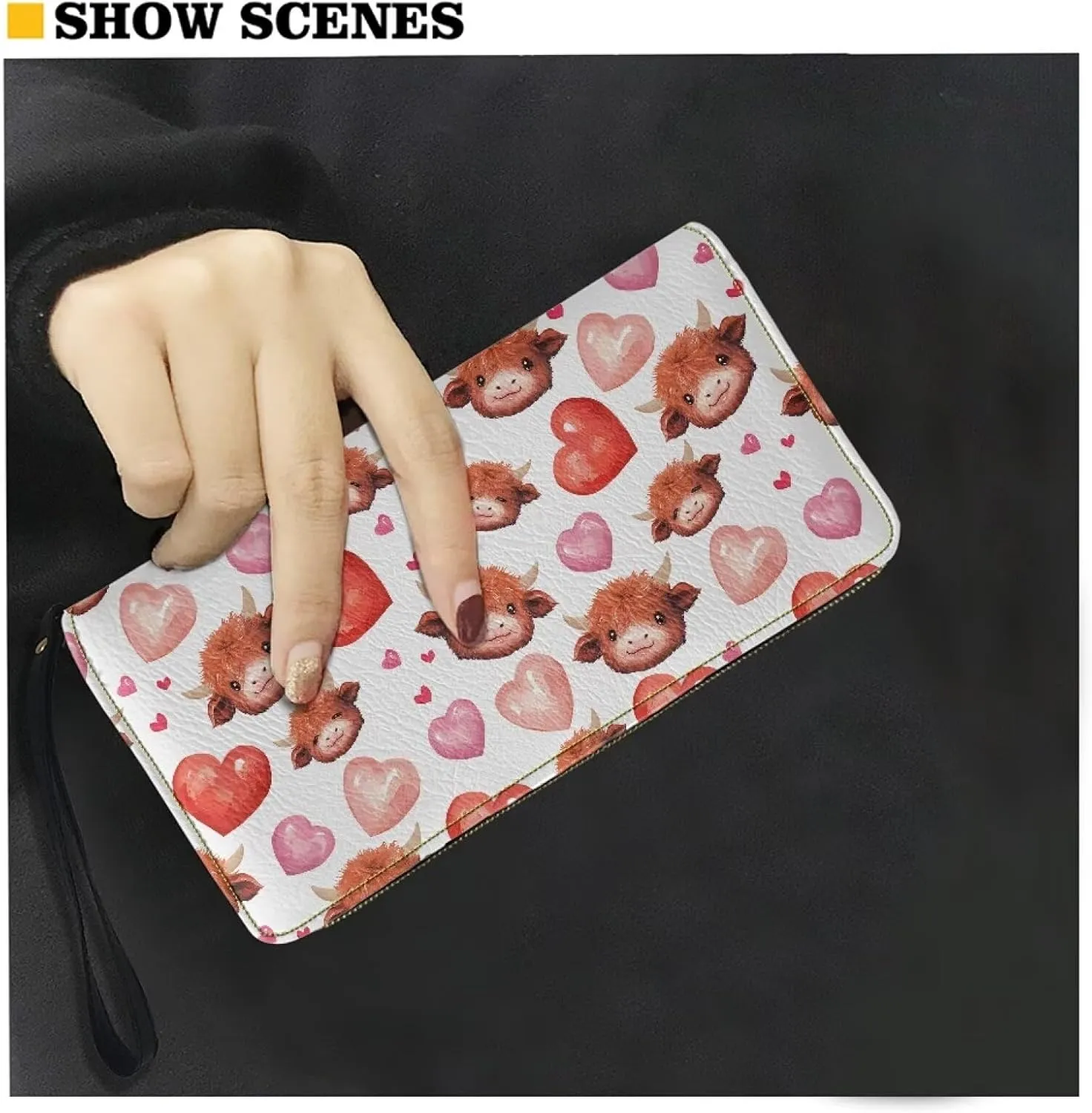 Women's Long Wallet with Wristlet Fashionable Large Capacity Credit Card Holder Ladies Zip Around Clutch Purse for Shopping,BusinessPhone Wristlet Purse,Cute Highland Cow Pink Heart Print