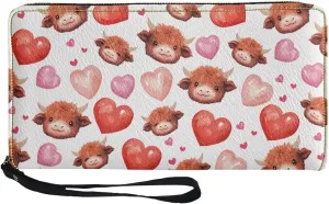Women's Long Wallet with Wristlet Fashionable Large Capacity Credit Card Holder Ladies Zip Around Clutch Purse for Shopping,BusinessPhone Wristlet Purse,Cute Highland Cow Pink Heart Print