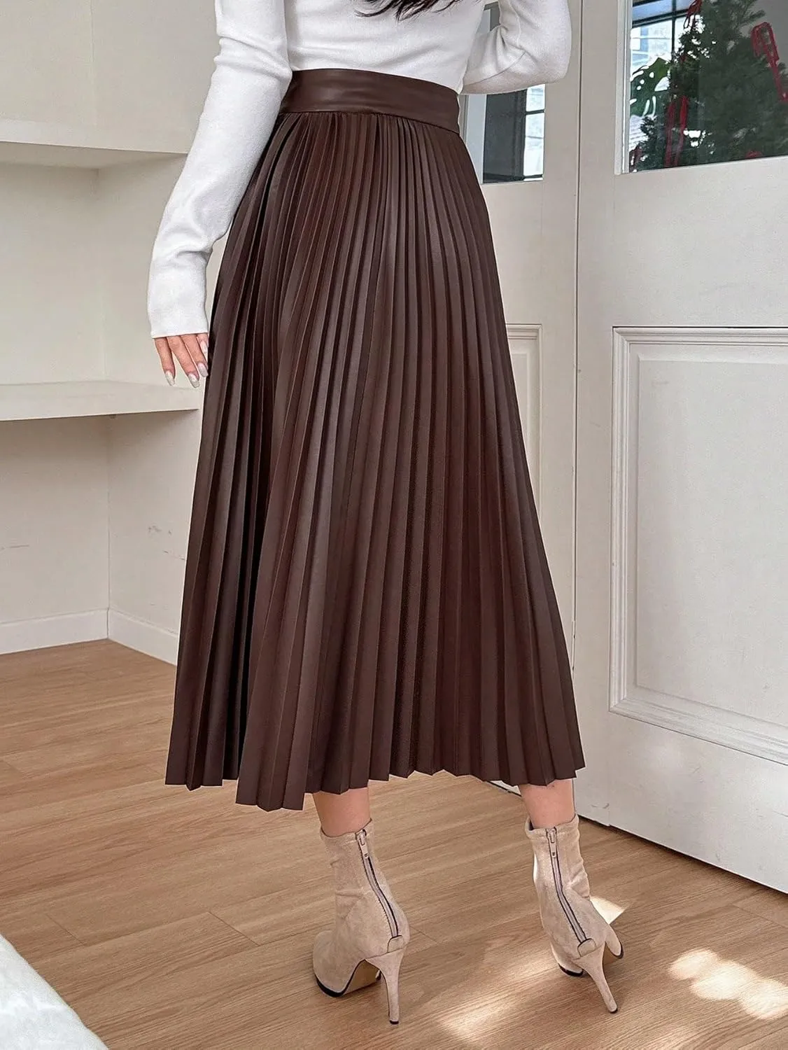 Women's Maxi Skirt Summer Midi Plain Pleated PU Leather Casual Skirt