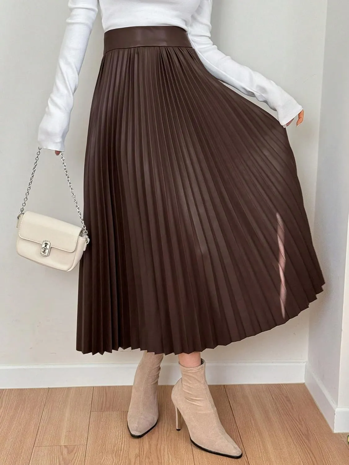 Women's Maxi Skirt Summer Midi Plain Pleated PU Leather Casual Skirt