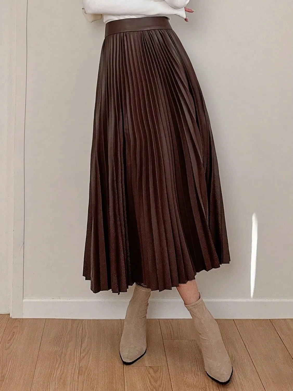 Women's Maxi Skirt Summer Midi Plain Pleated PU Leather Casual Skirt