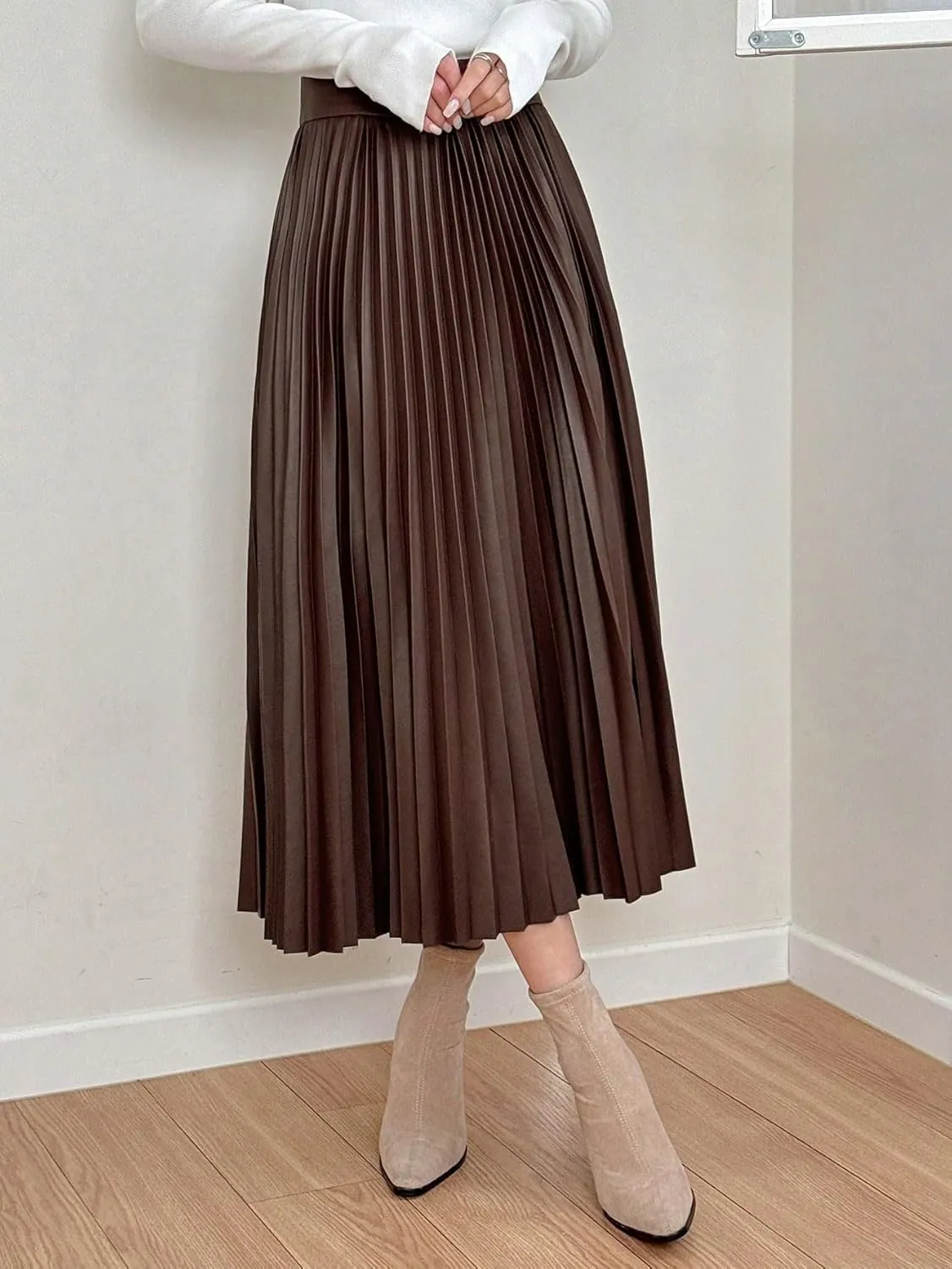 Women's Maxi Skirt Summer Midi Plain Pleated PU Leather Casual Skirt