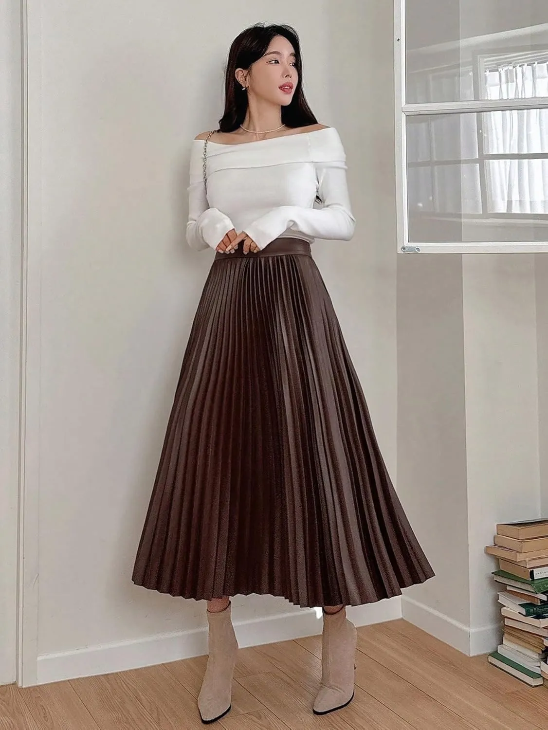 Women's Maxi Skirt Summer Midi Plain Pleated PU Leather Casual Skirt