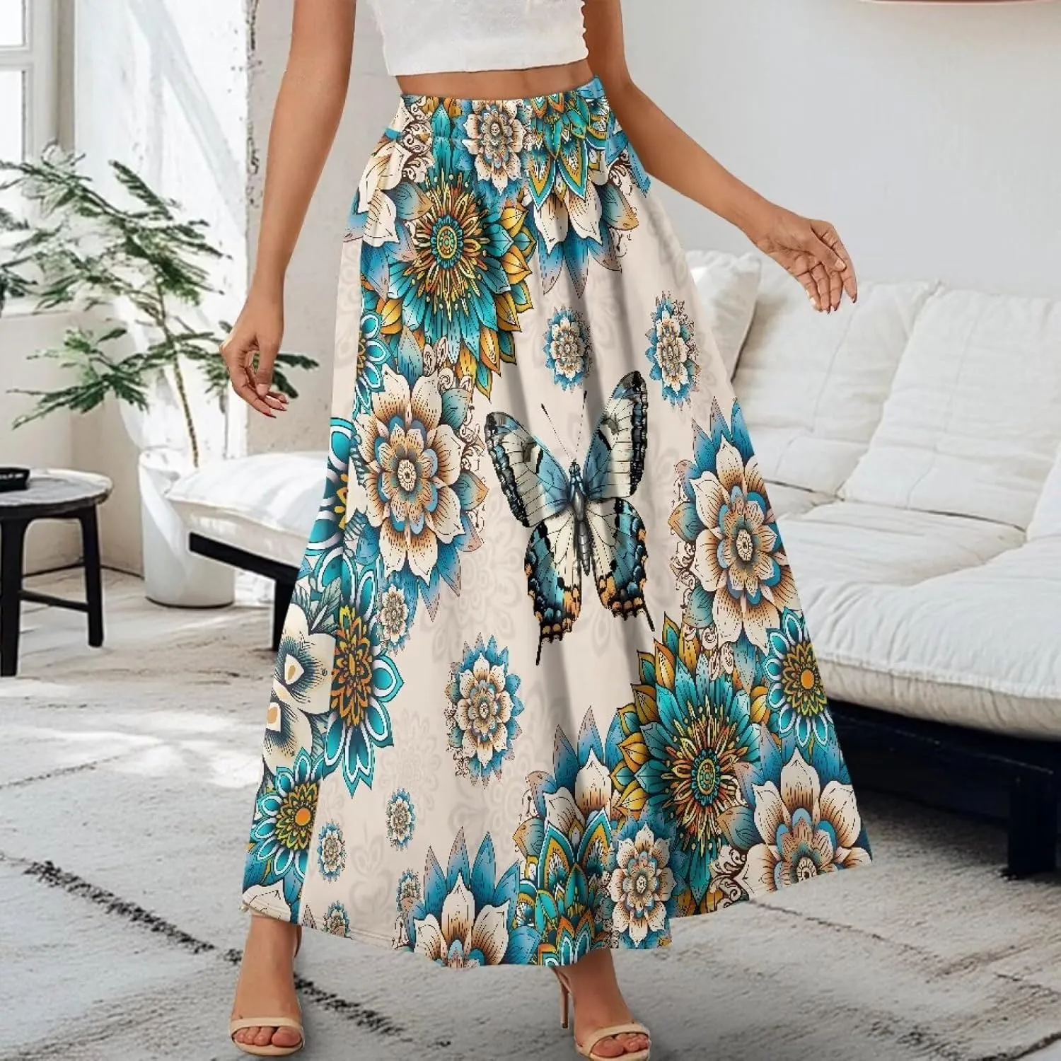 Womens Maxi Skirts for Outdoor Ladies Elastic Band Long Skirts with Pockets Casual Dance Maxi Skirts S-2XL