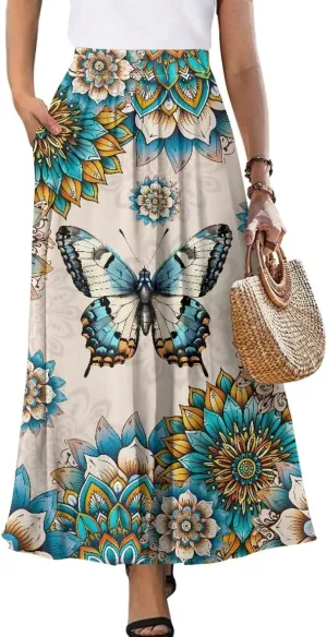 Womens Maxi Skirts for Outdoor Ladies Elastic Band Long Skirts with Pockets Casual Dance Maxi Skirts S-2XL
