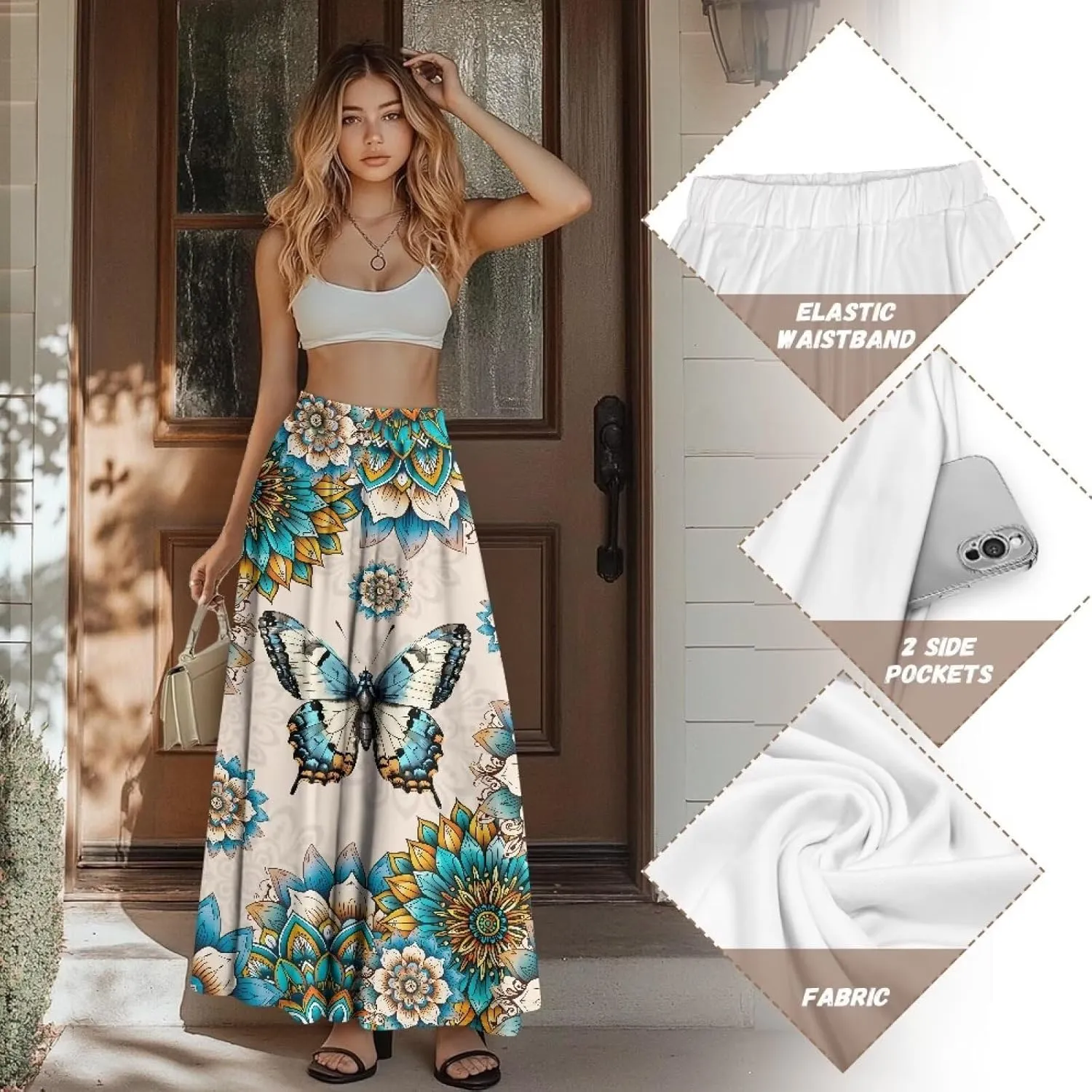 Womens Maxi Skirts for Outdoor Ladies Elastic Band Long Skirts with Pockets Casual Dance Maxi Skirts S-2XL