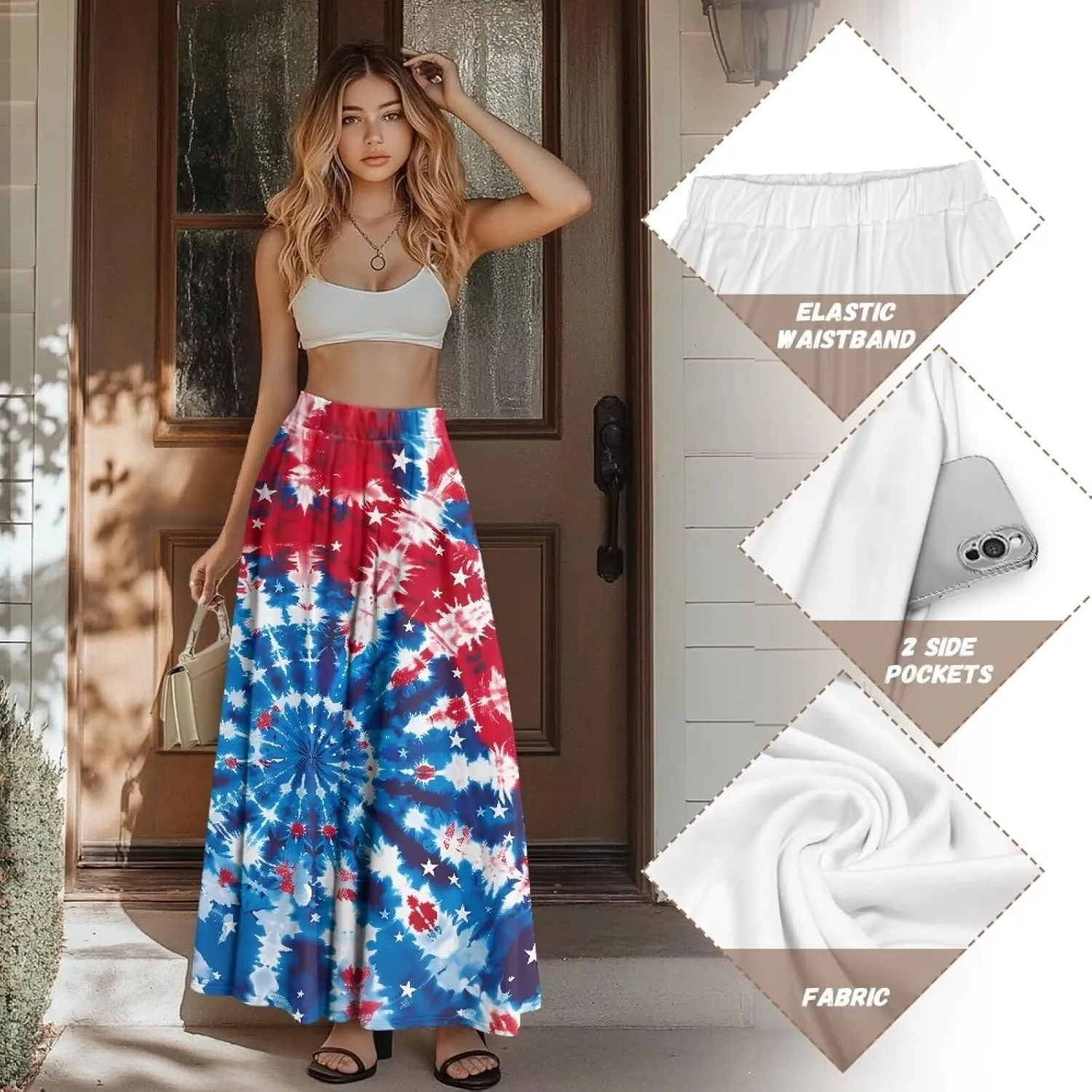 Womens Maxi Skirts for Outdoor Ladies Elastic Band Long Skirts with Pockets Casual Dance Maxi Skirts S-2XL