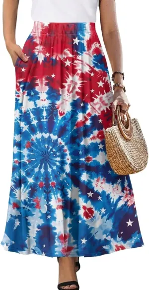 Womens Maxi Skirts for Outdoor Ladies Elastic Band Long Skirts with Pockets Casual Dance Maxi Skirts S-2XL